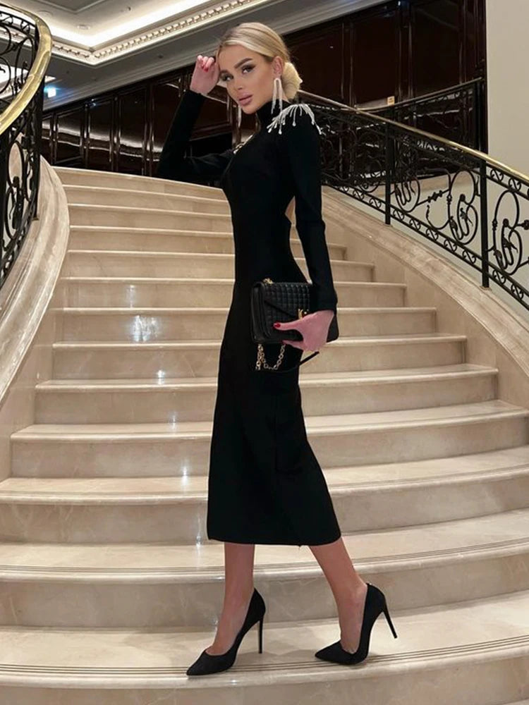 Beading Split Sexy Club Half High Neck Long Sleeve Streetwear Backless Slim Bodycon Dress