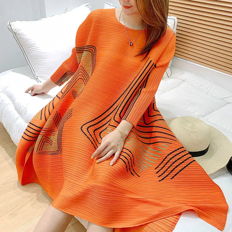 Orange Pleated A-Line Maxi Dress