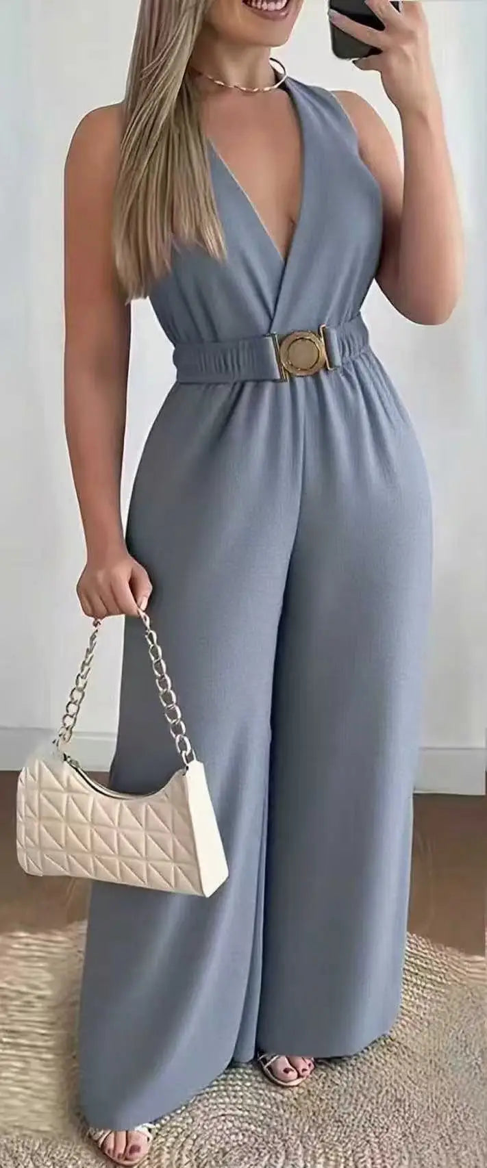 Deep V-Neck Wide-Leg Jumpsuit for Women