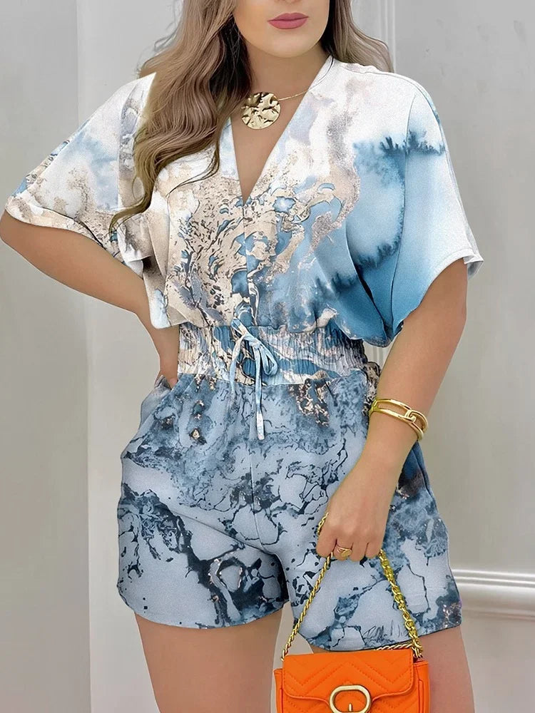 New Loose Casual Printing Fashion V-neck Short Sleeve Waist Shorts Drawstring Pleated Streetwear Romper