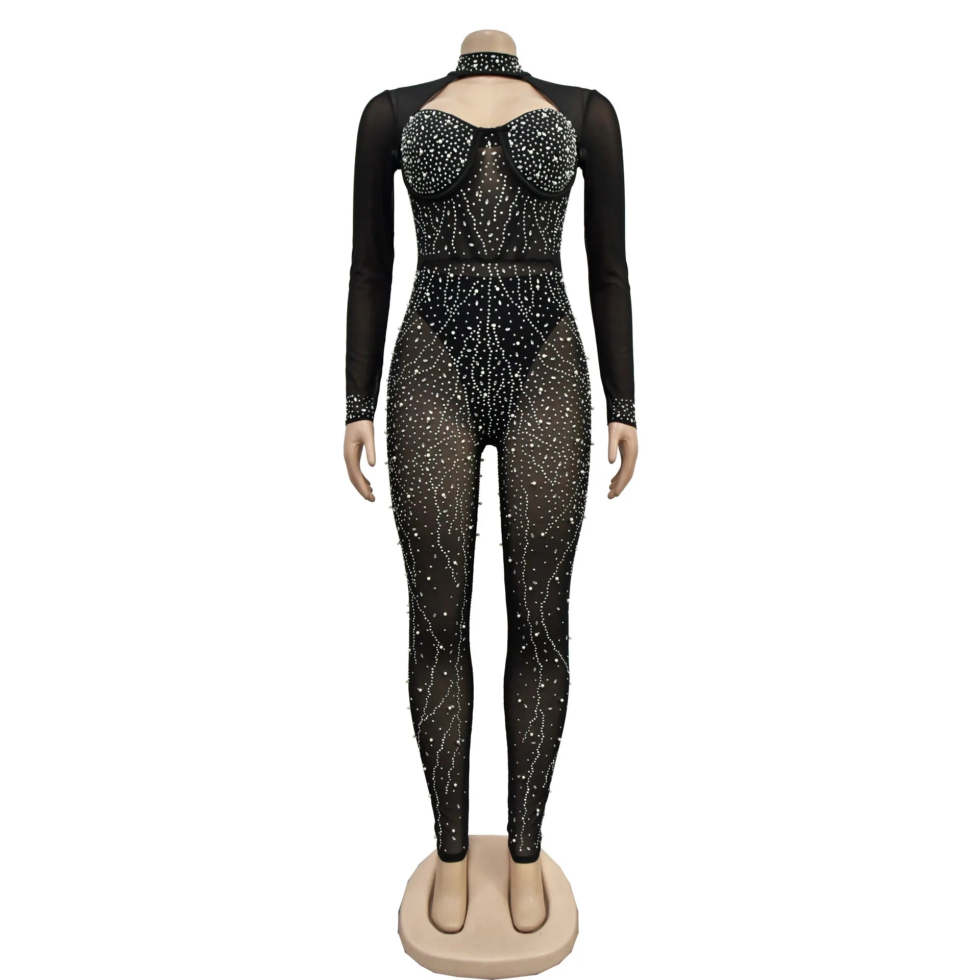Luxurious Sexy Sparkly Rhinestones Transparent Mesh Jumpsuits