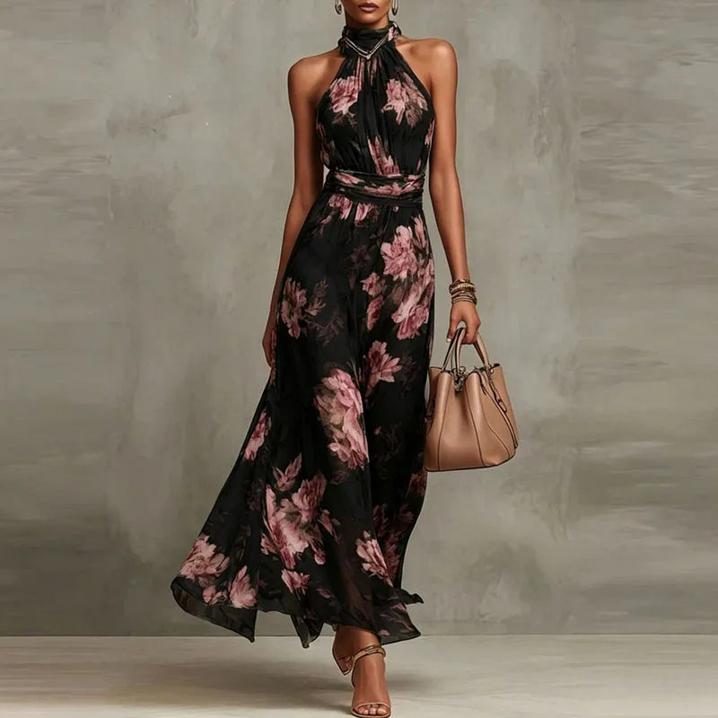 Elegant Floral Halter Off-Shoulder Chiffon Maxi Dress – Boho Summer Party & Beach Favorite