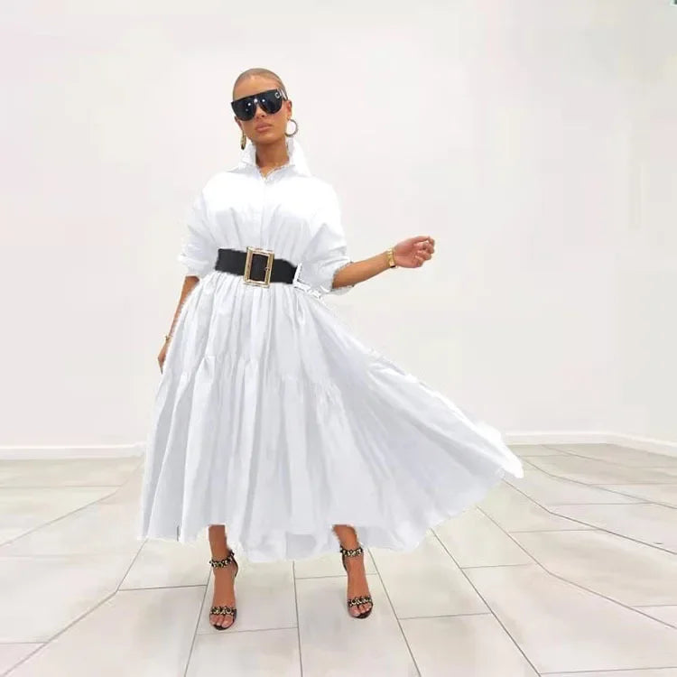 Turn Down Collar Button Vintage Loose  Casual Belt A Line Summer Maxi Dress