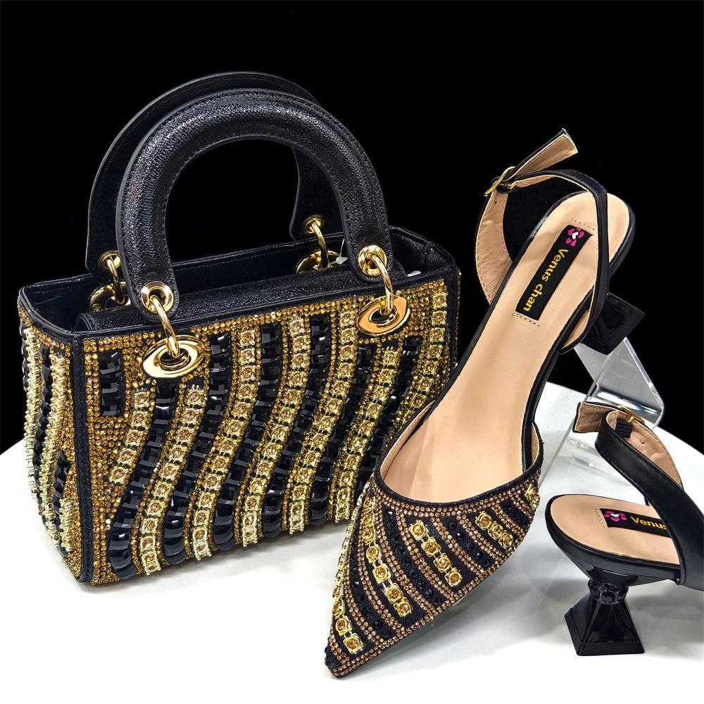 Shiny Italian Fashion Pointed Toe Heels & Rhinestone Bag Set