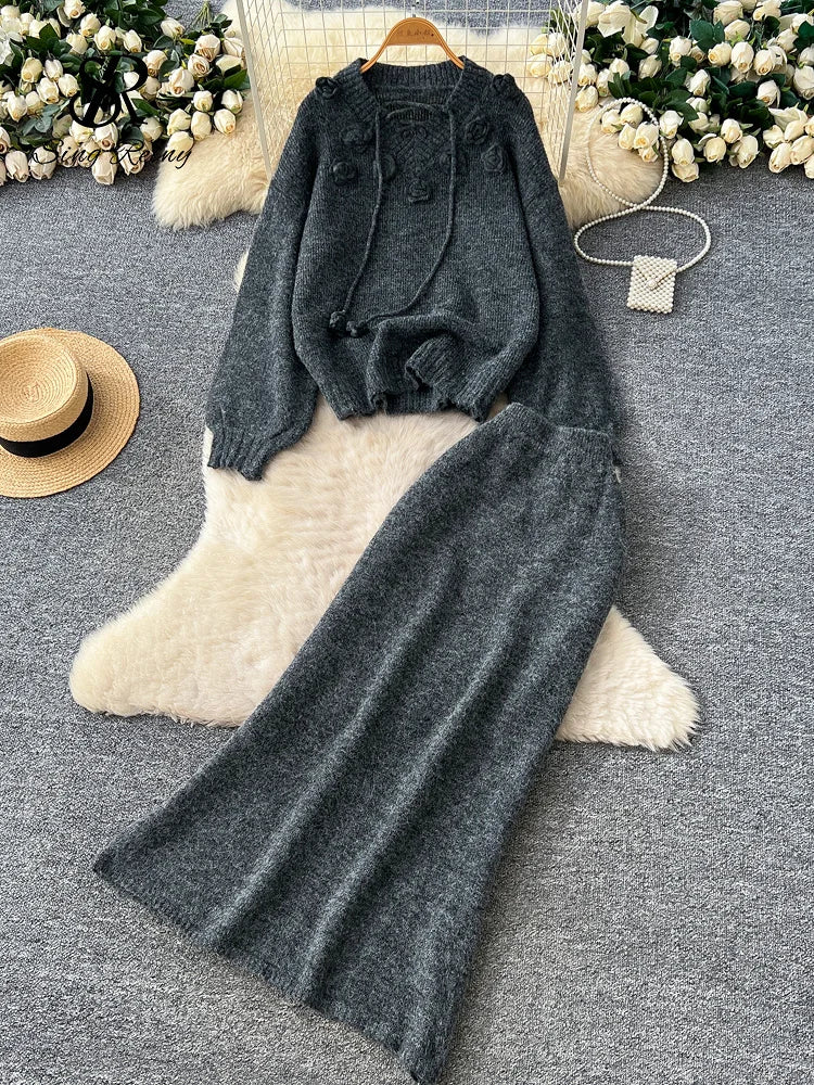 3D Floral Cashmere Loose Thick Sweater+Elastic Solid Long Skirts