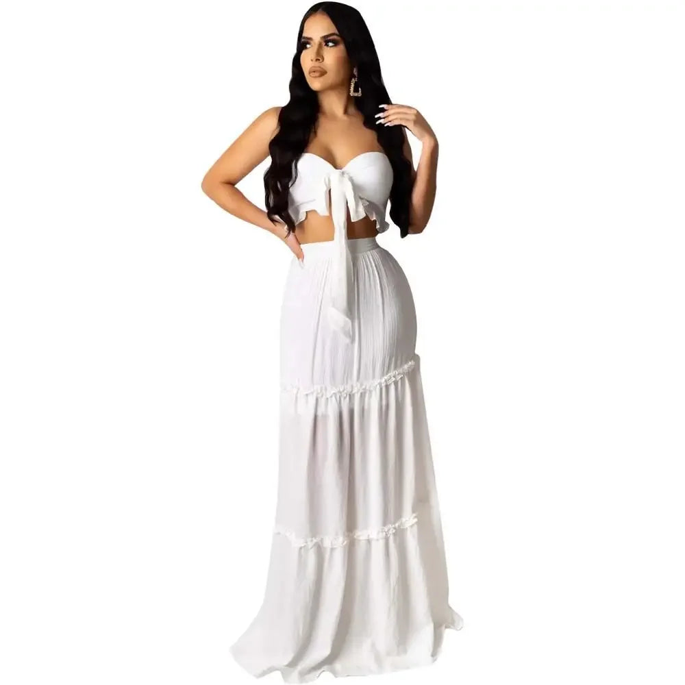 Solid Beach Bohemian Bow Strapless Crop Top Cascanding Ruffles Long Skirt