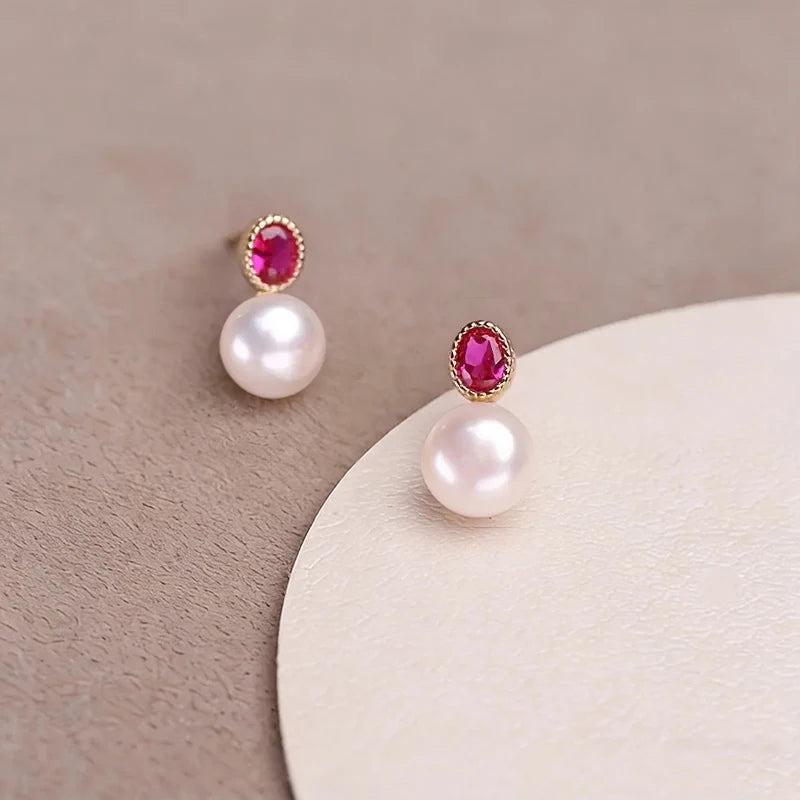 Chic Rose Red CZ & Imitation Pearl Stud Earrings