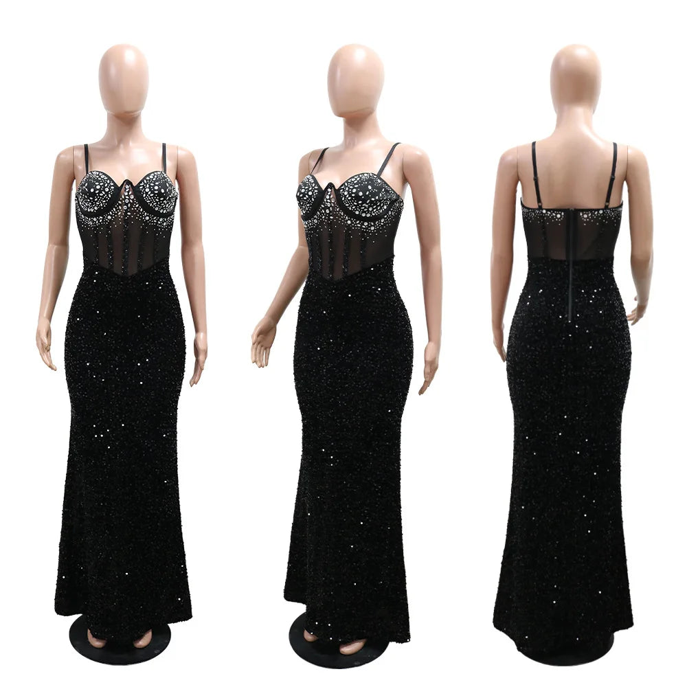 Sexy Mesh Velvet Diamonds Sequin Patchwork Long Dress