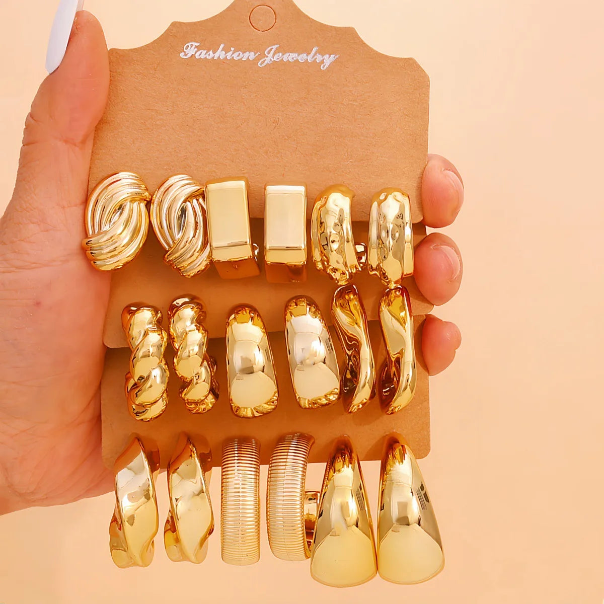 9-Pair Golden Resin Earrings Set – Starfish, Seashell &amp; Textured C-Shape Collection