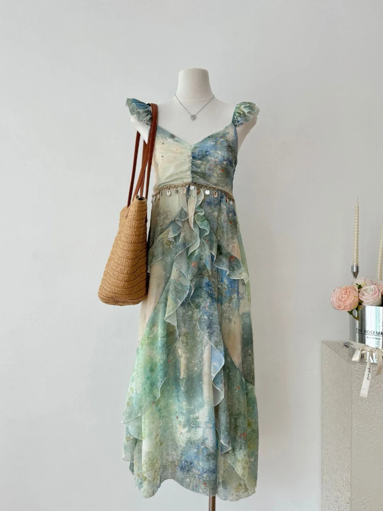 Summer French Beach Vacation Original Design Shell Sequin Ruffle Flounce Dress