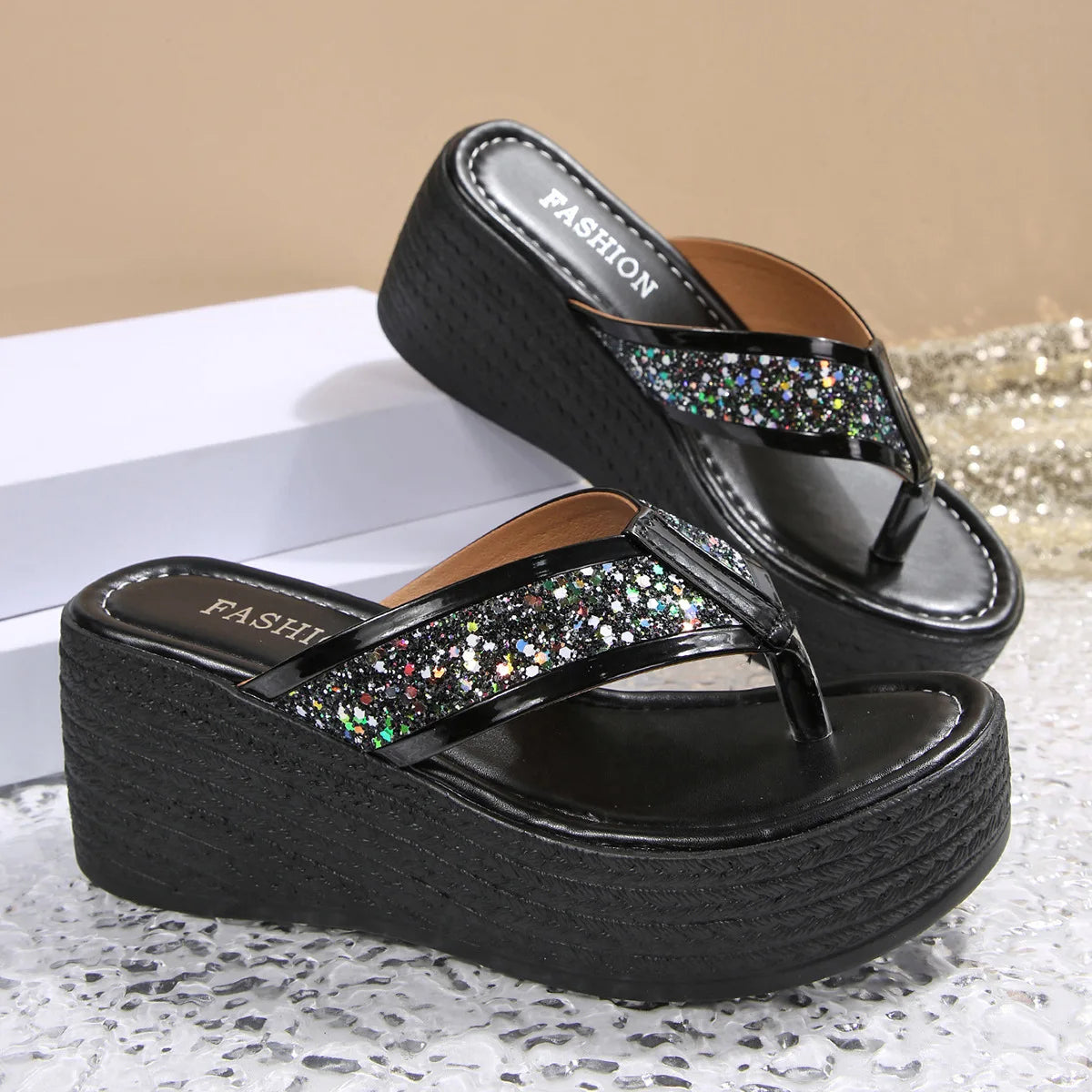 2026 Summer Plus Size Sequin Platform Wedge Sandals