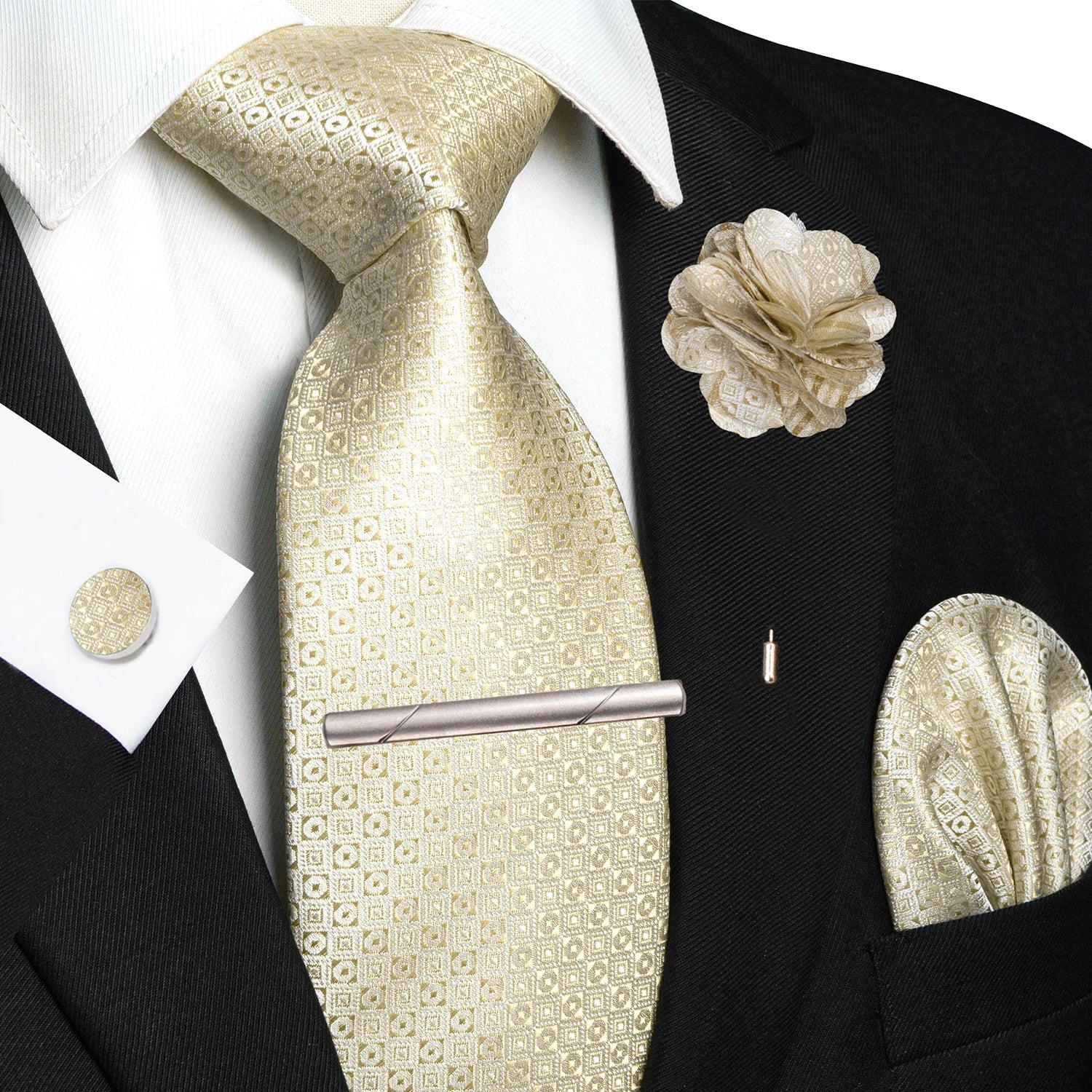 Brown Yellow Plaid Silk Tie Set for Men