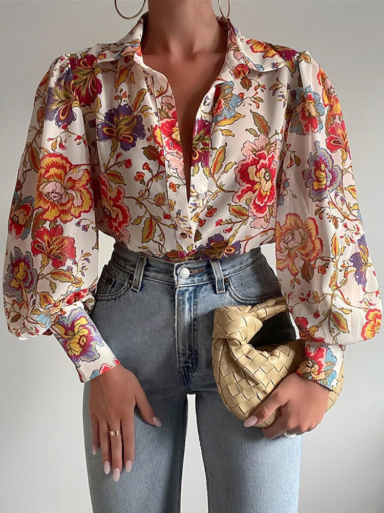 Elegant Floral Print Puff Long Sleeve V Neck Blouse