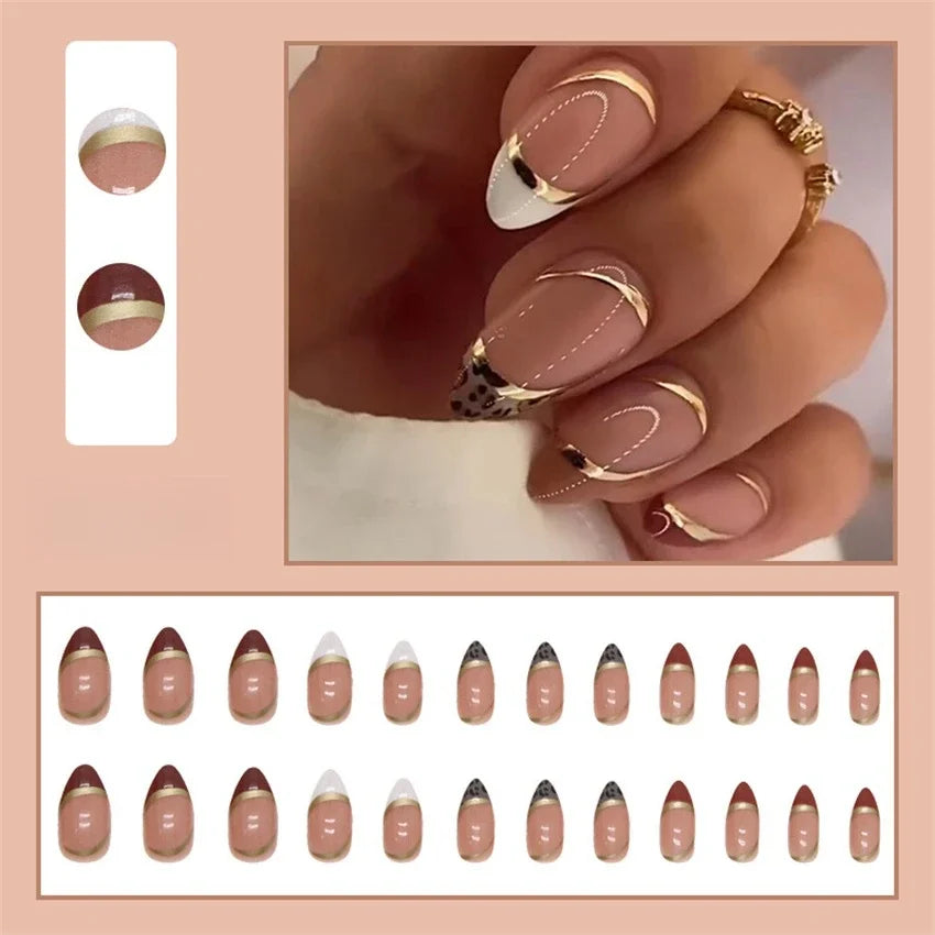 24Pcs/Set Ins Style Almond Fake Nails Leopard Print French Wearing False Nails