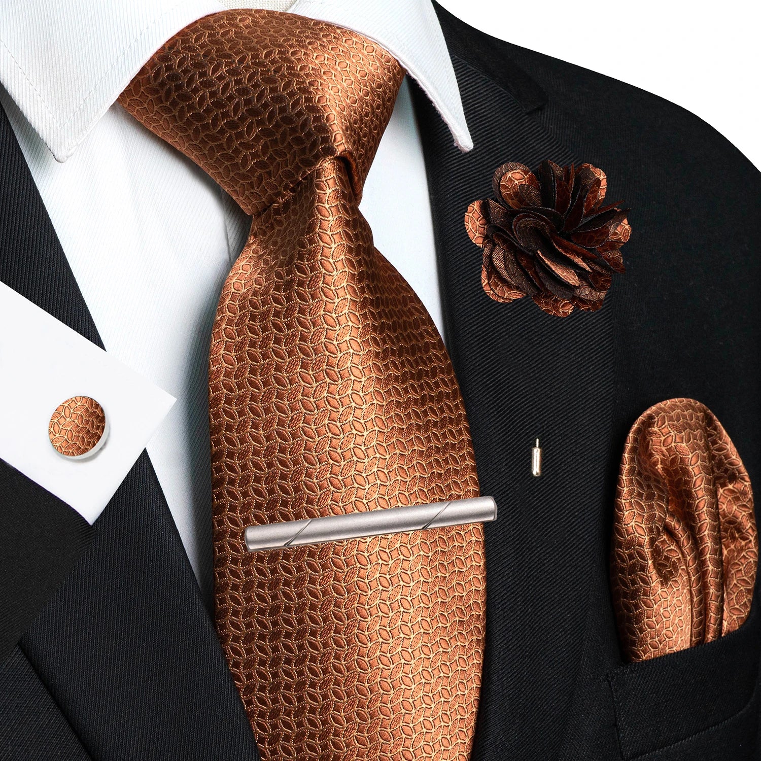 Brown Yellow Plaid Silk Tie Set for Men