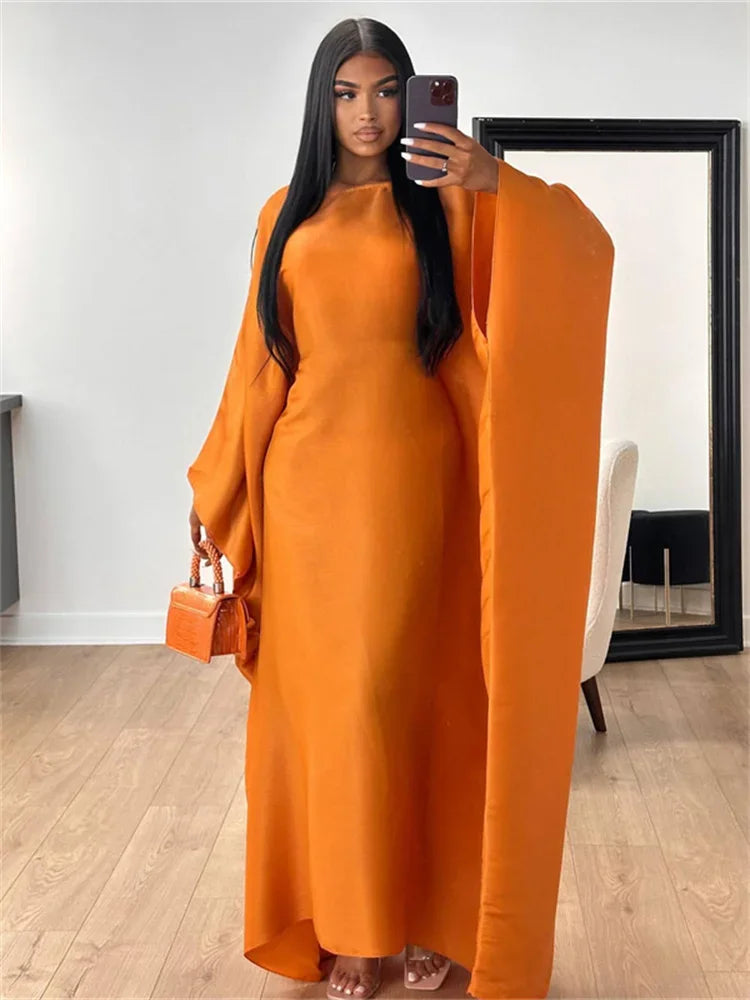 Autumn Loose Butterfly Batwing Long Sleeve Shiny Maxi Dress