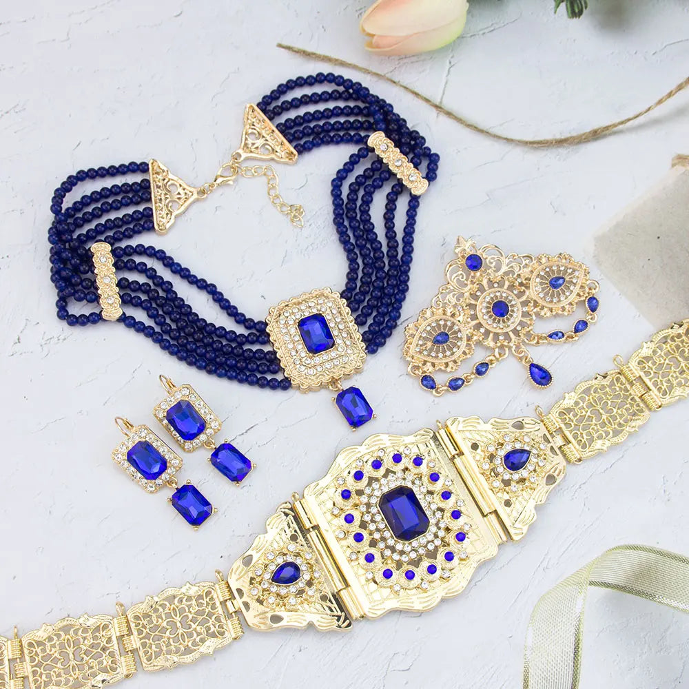 Chic Moroccan Caftan Belt Waist Chain Bead Choker Necklace Crystal Earring Brooch Pin Gold Color