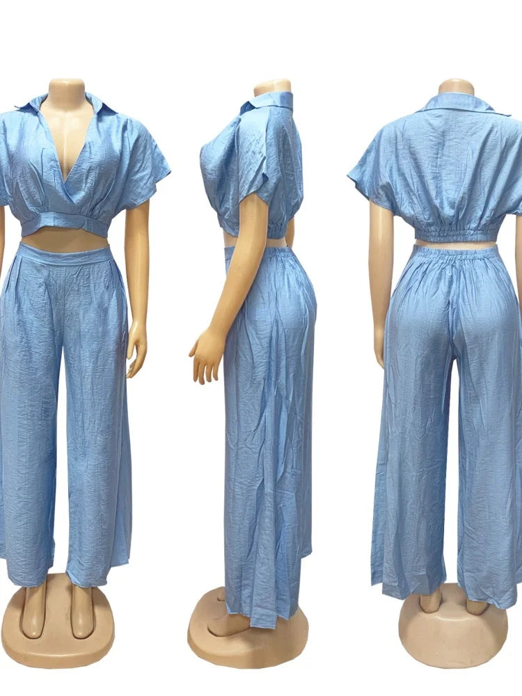 Short Sleeve Collarless Top & High-Waist Wide-Leg Pants