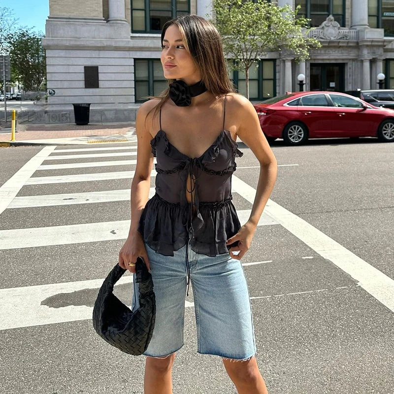 Summer Sleeveless Chiffon Tie Detail Cami Tops