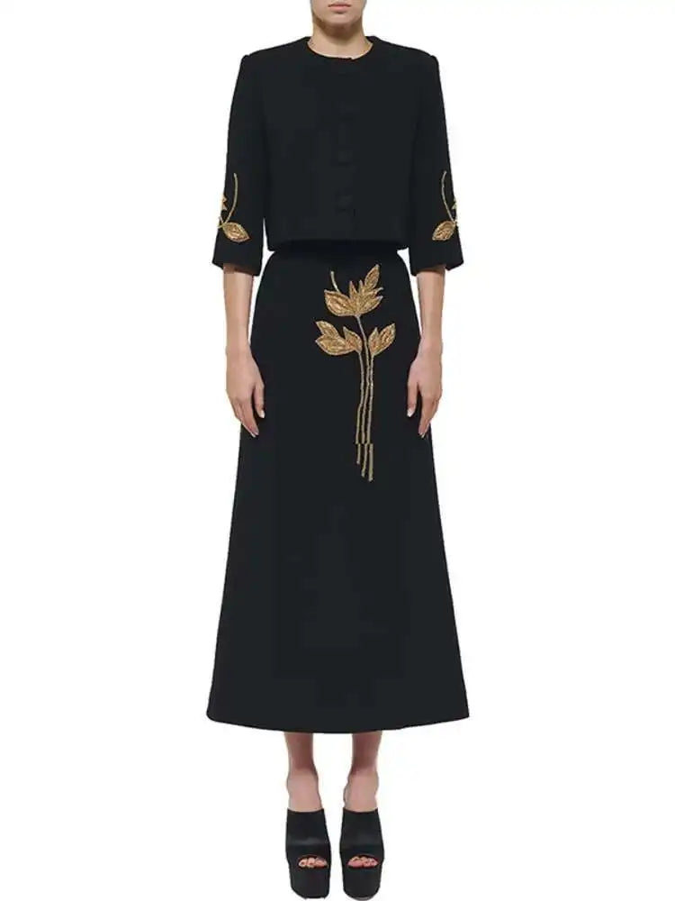 Single Button Flower Bead Short Coat A-line Skirt