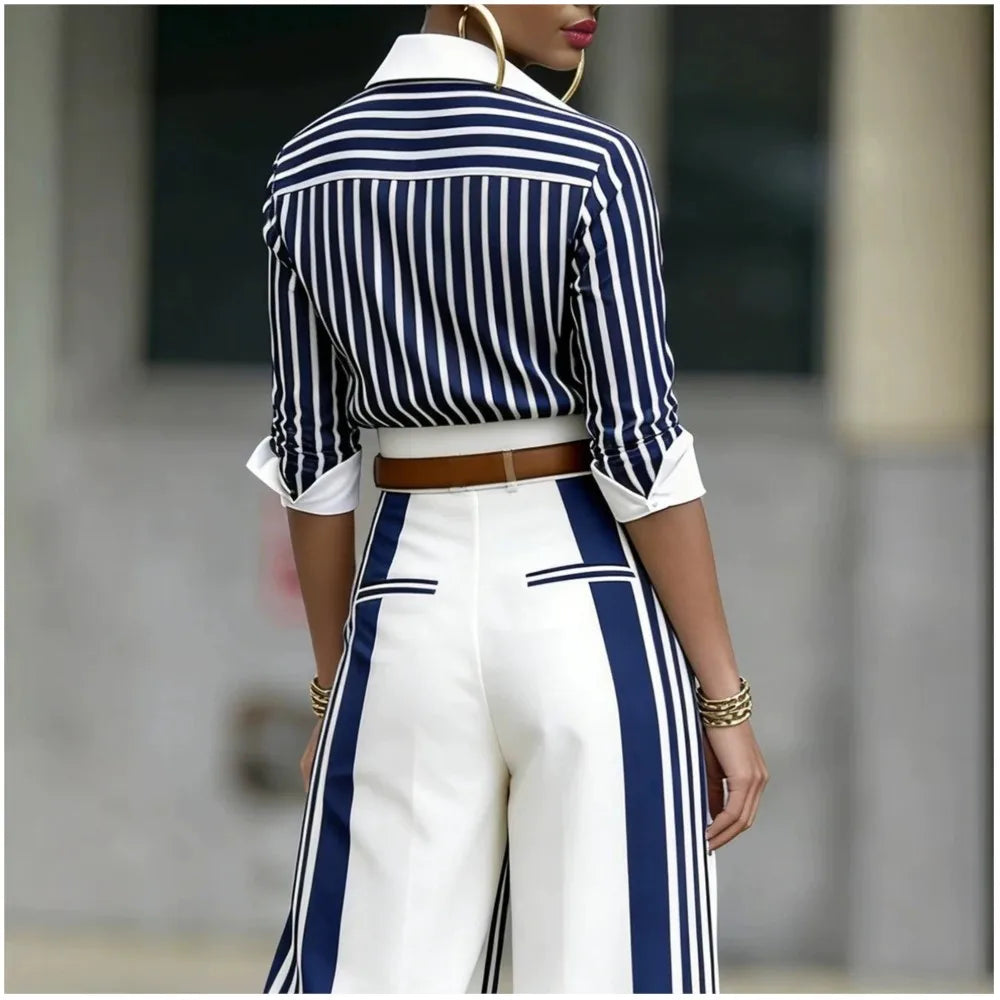 Spring & Autumn Striped 2‑Piece Office Set – Long Sleeve Shirt & Wide Leg Pants with Belt
