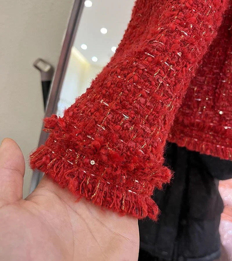 Red Cropped Tweed Coat for Women