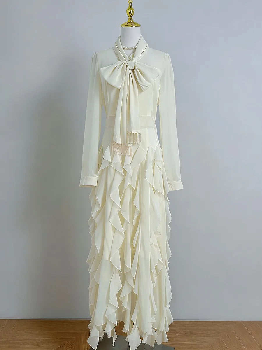 Solid Sheer Spliced Stand Neck Long Sleeves Tunic Patchwork Bow Dress