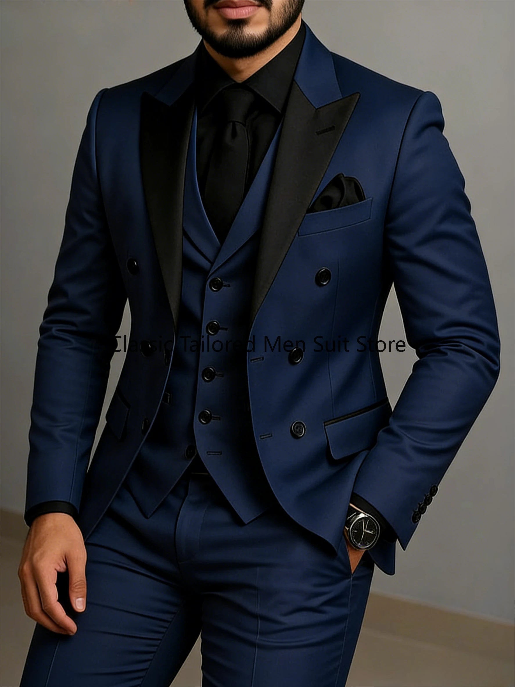 Beige Double Breasted Suit  Black Lapel  Slim Fit Wedding Suit