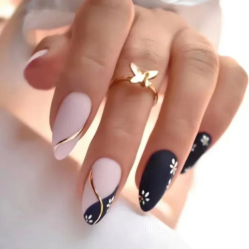 24Pcs Simple Almond Fake Nails with Green Leaves Design