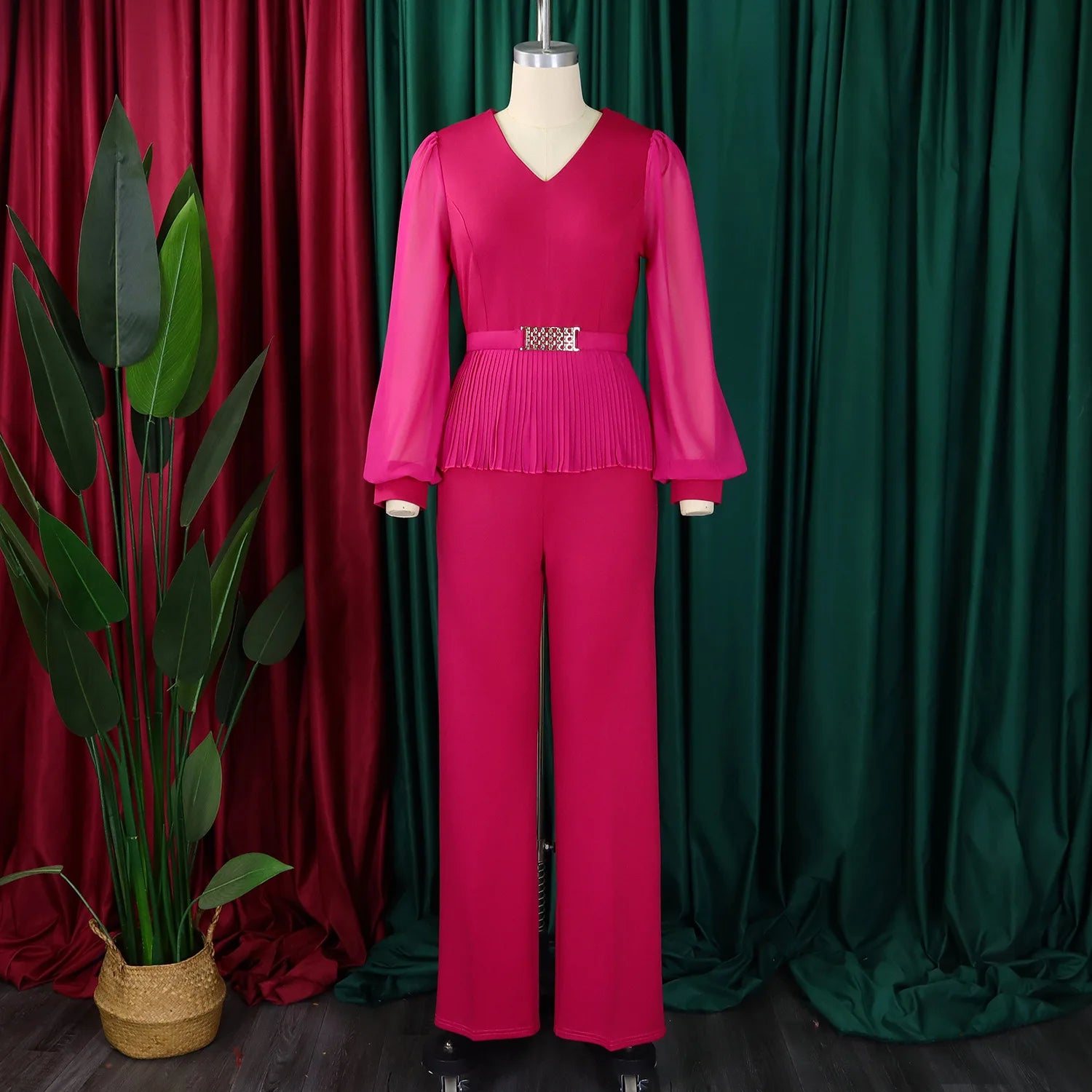 Long Sleeve V Neck Waist Belt Peplum Belly Cover with Full Wide Leg Pants