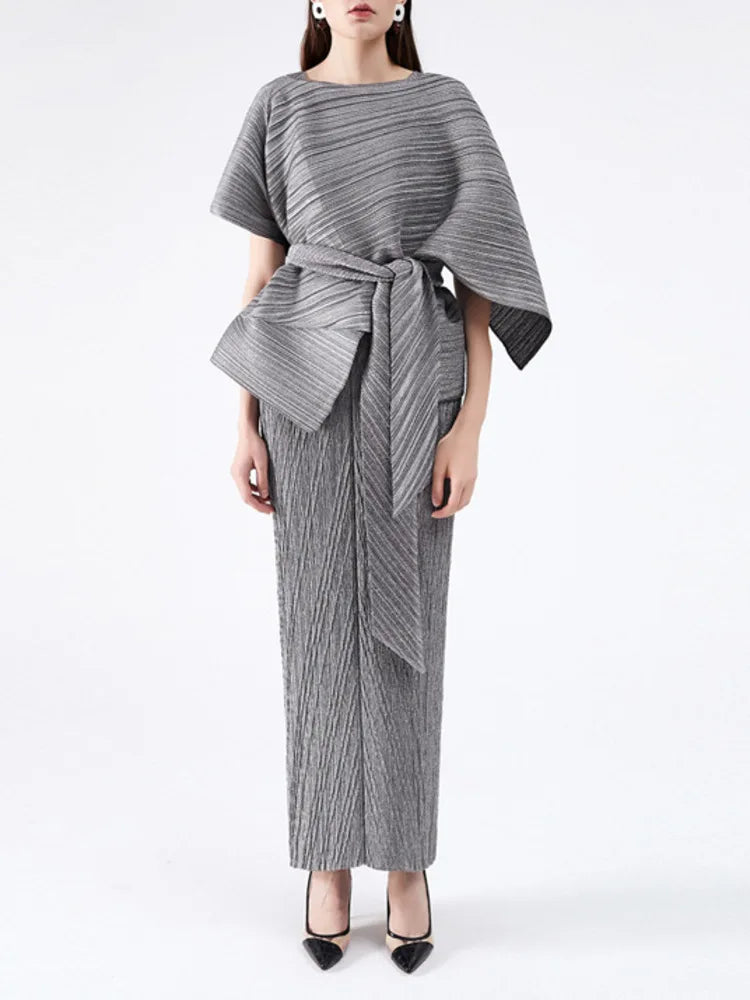 High End Fashion Pleated Irregular Belt Shawl Sleeveless Backless Long Dresses
