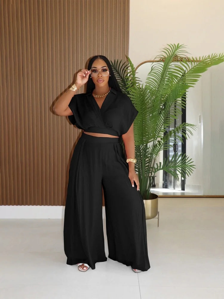 Short Sleeve Collarless Top & High-Waist Wide-Leg Pants