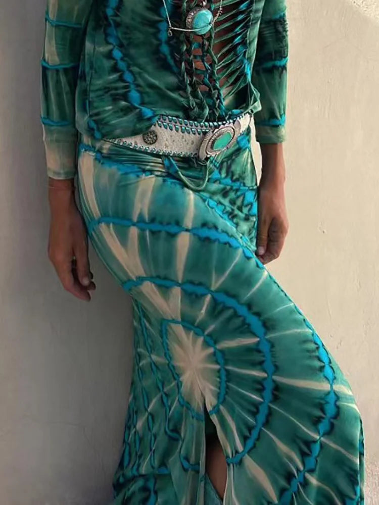 Spring Summer Printing Patchwork Maxi Skirts