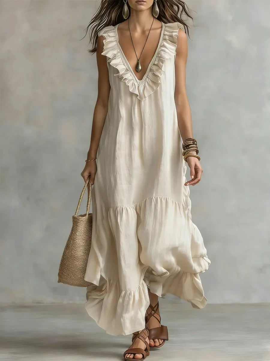 New Women's Casual Sleeveless V‑Neck Large Swing Dress