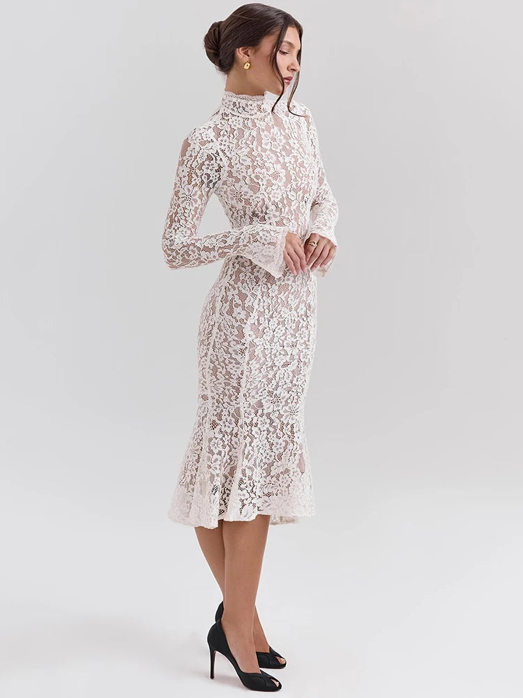 Lace Long Sleeve Sexy Midi Dress