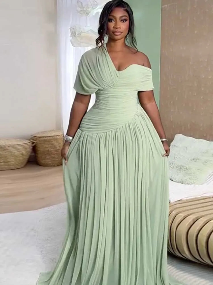 Curvy Pleated  Waist Slimming Assymetric V Neck Off Shoulder Dress