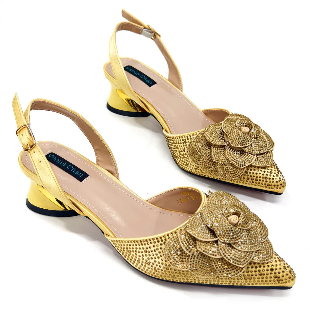 Italian Design Evening Shoes And Bags Paired With Handmade Petal Gold Colour Pointed Toe Mid-Heel Shoes For Women Party Shoes