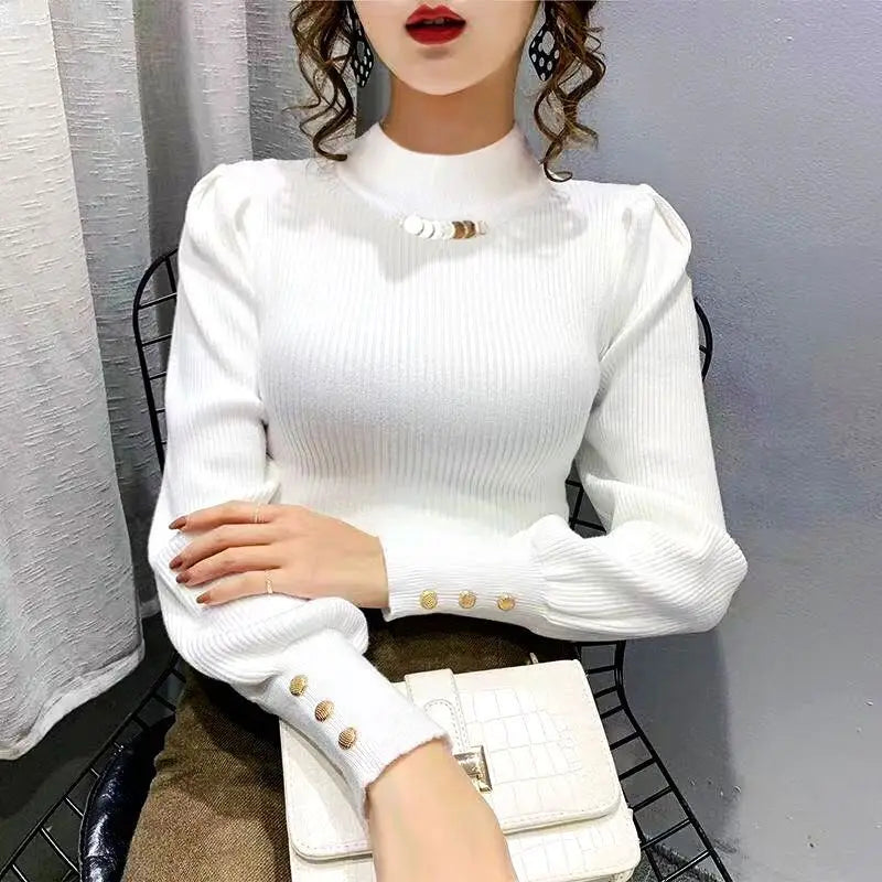 Elegant Solid Color Button Puff Sleeve Sweaters