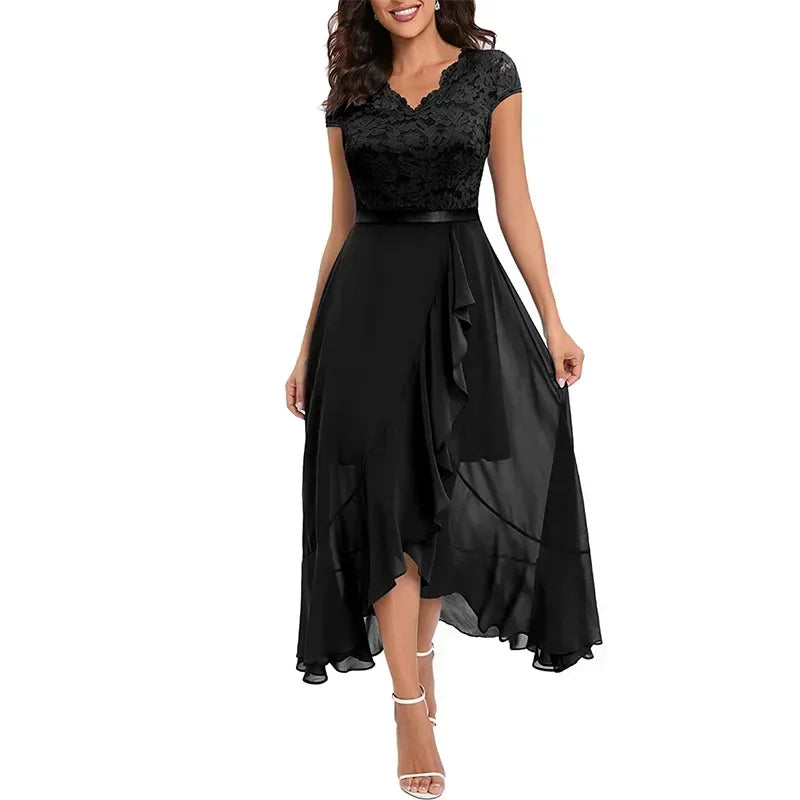 2026 V Neck Short Sleeve  Lace Splice Ruffles Chiffon Irregular Dress