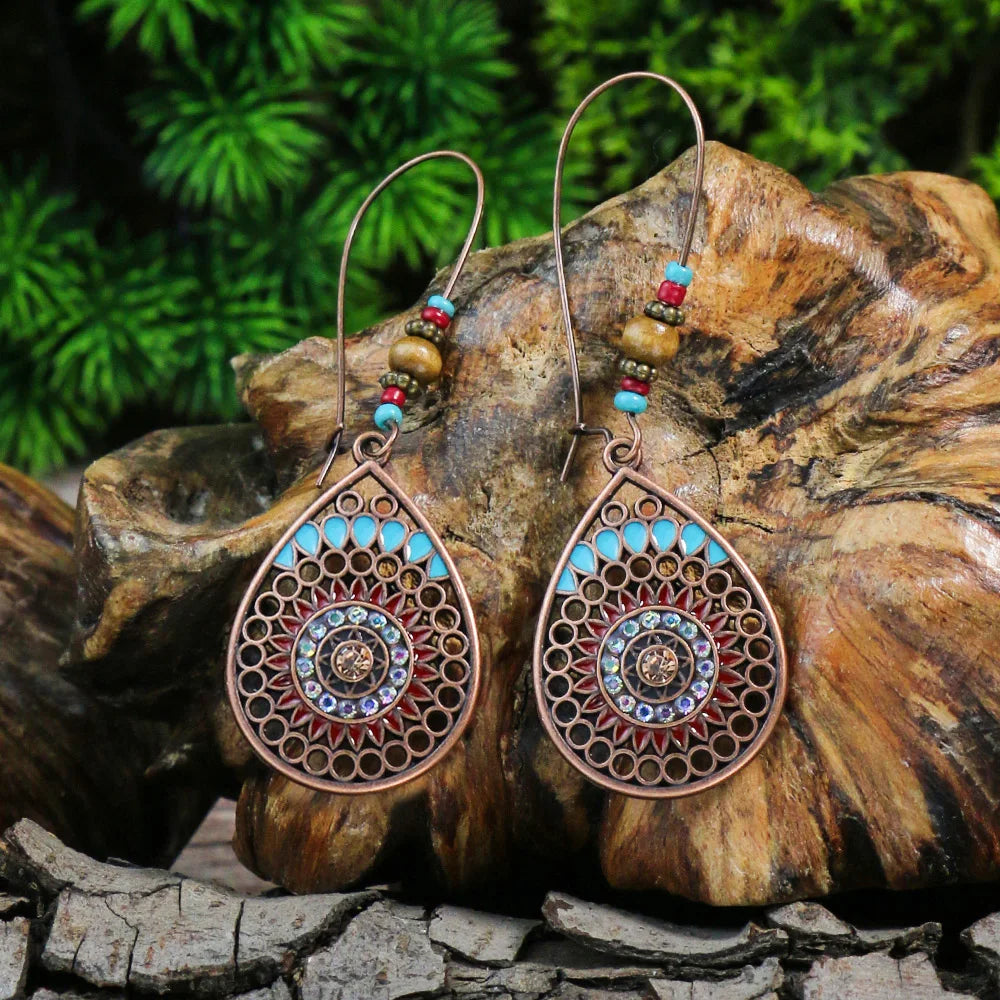 Bohemian Turquoise Vintage Geometric Drop Earrings – Alloy Oil Drop Round Stone Design