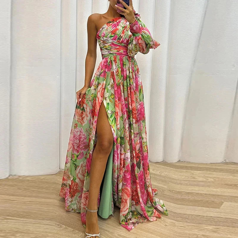 High Split Loose Hem One Shoulder Print Beach Party Dress
