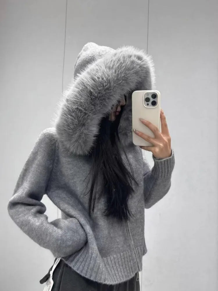 Autumn And Winter High-End Sense Fur Collar Hooded Lazy Style Knitted Top
