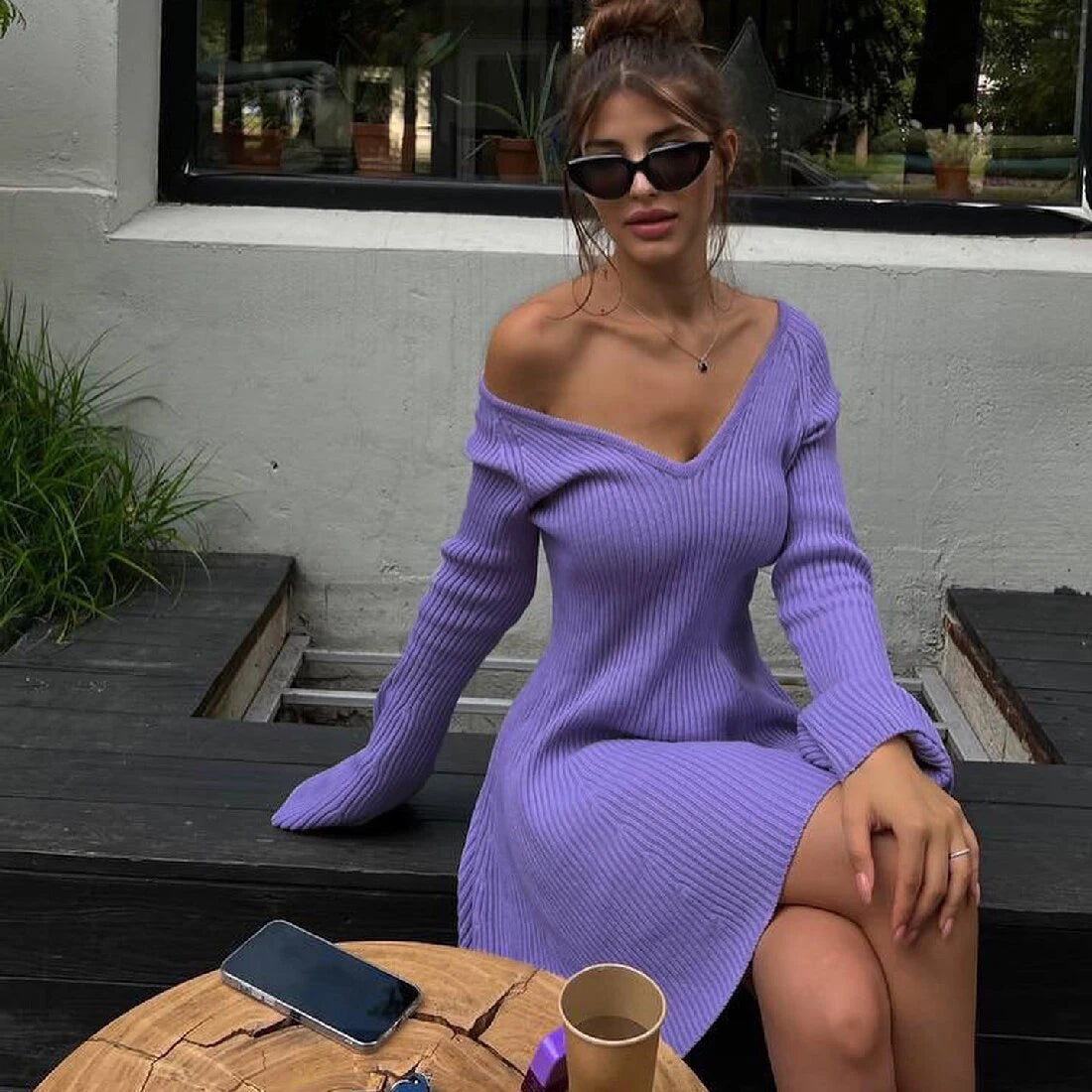 Knitted Off Shoulder V Neck Mini Dress