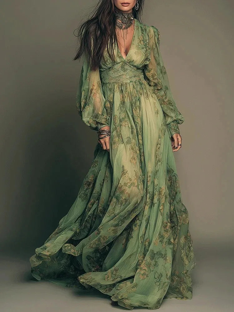 Spring Print V-Neck Long Sleeve Flowy Dress