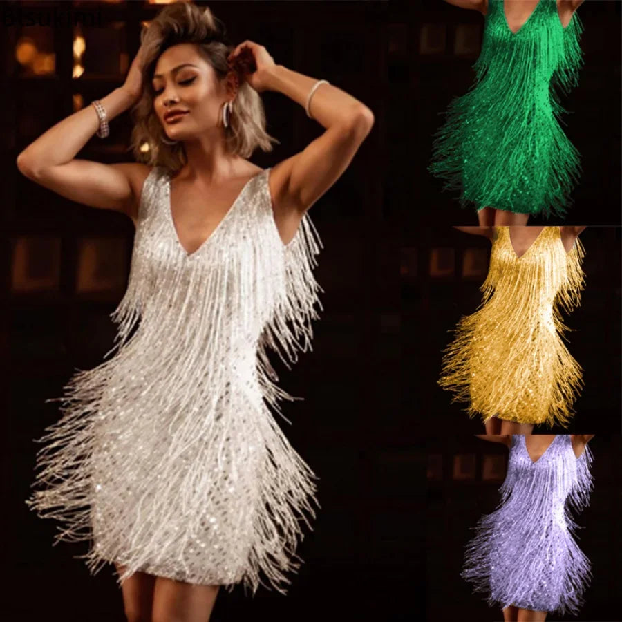 New  Sexy Tassel V Neck Backless Club Night Dresses