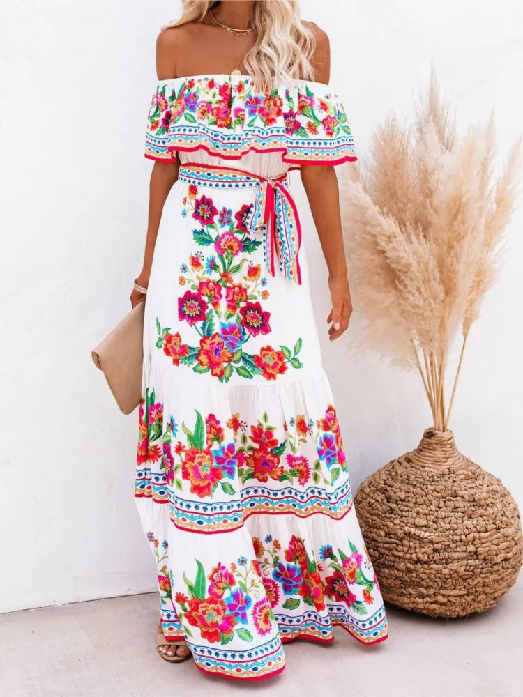 Spring Summer Red Floral One-Shoulder Lace-Up Maxi Dress