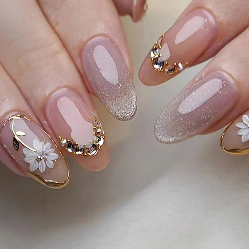 24Pcs Simple Almond Fake Nails with Green Leaves Design
