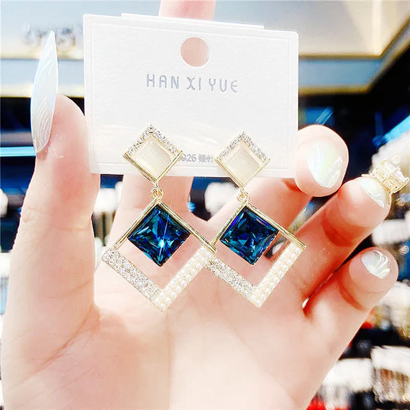 Trendy  Long Blue Crystal GeometryDangle Drop Earrings
