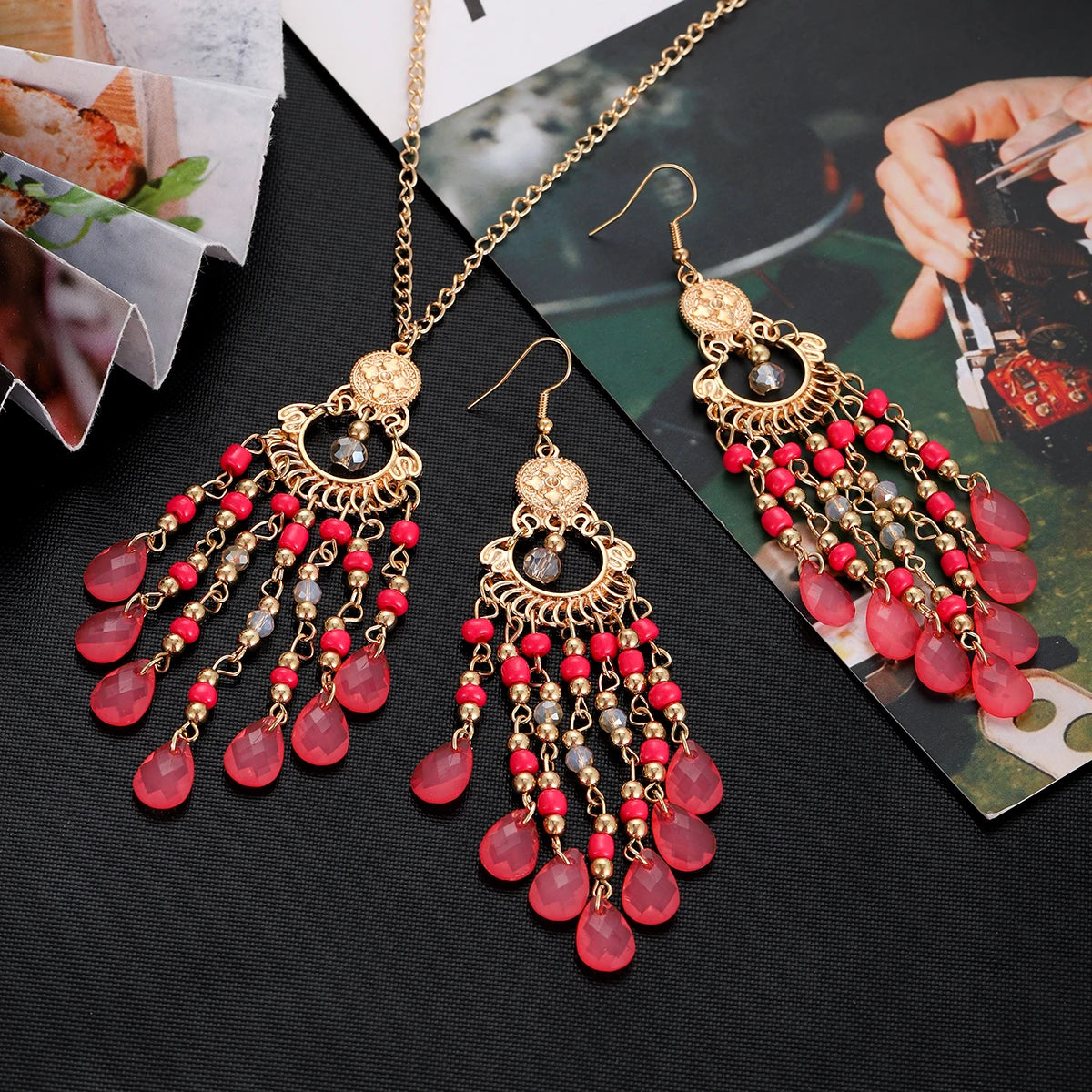Bohemian Multicolor Crystal Long Tassel Dangle Earrings & Necklace Set – Retro Gold-Plated Geometric Wedding Jewelry
