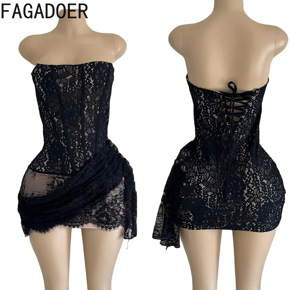 Vintage Elegant Lace Mesh See Through Bandage Dresses +Lace Gloves